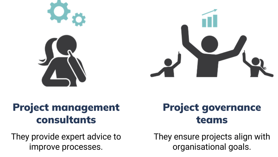 Project management specialised roles Illustration of specialised project management roles: Consultants with gears, Governance Teams with a chart.